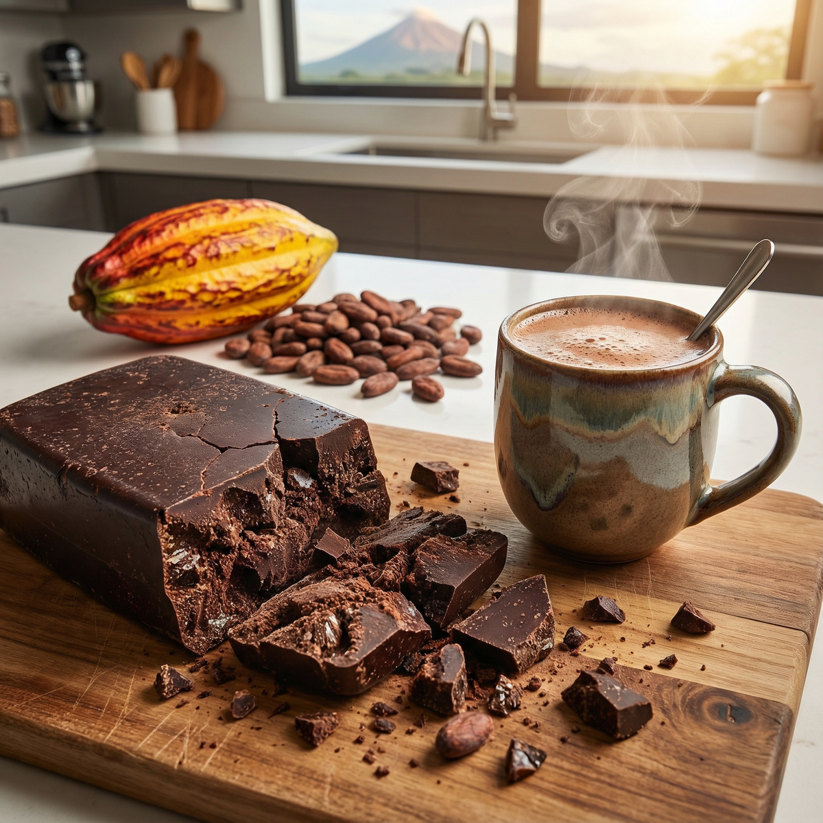 Cacao on a cutting board with a mug of hot cacao, cacao beans, and a cacao pod in a kitchen setting.